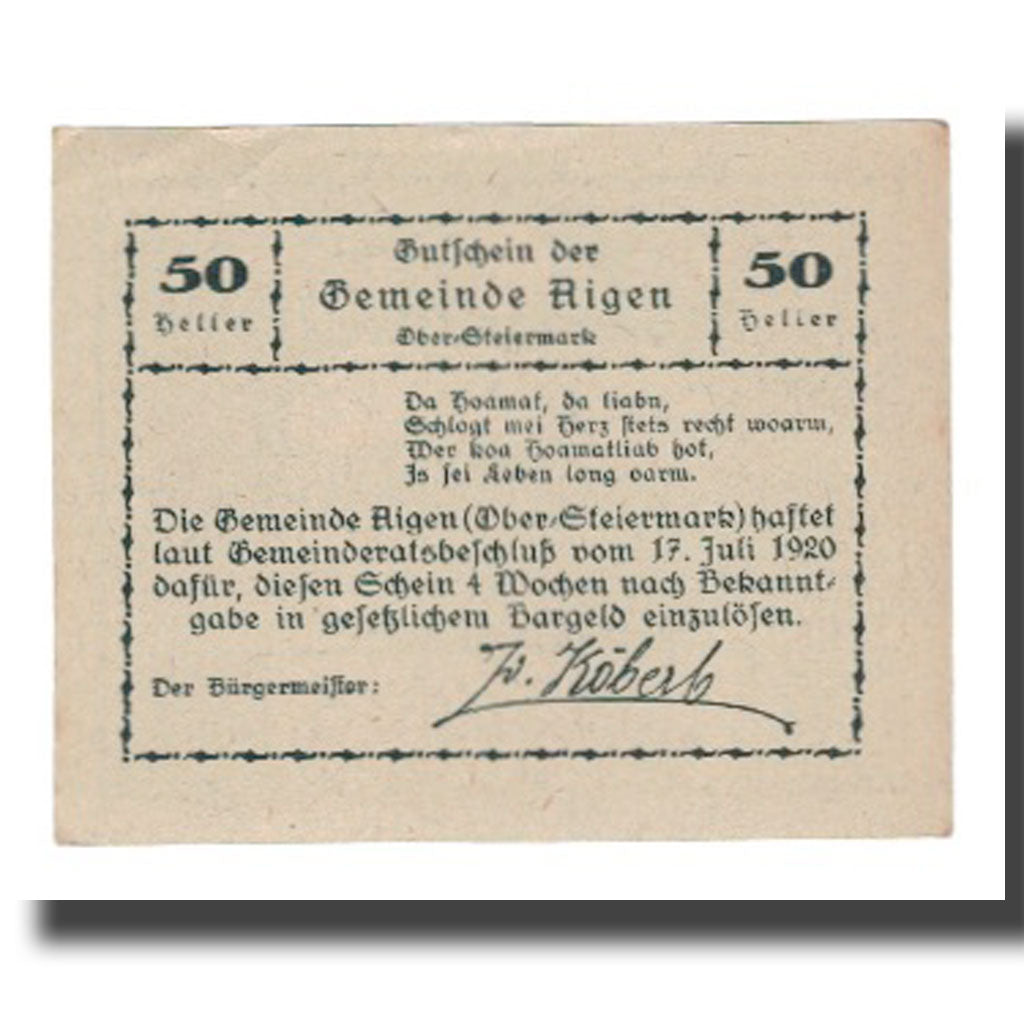 Banknote, Austria, Aigen, 50 Heller, Texte 6, 1920, 1920-07-17, UNC(65-70)