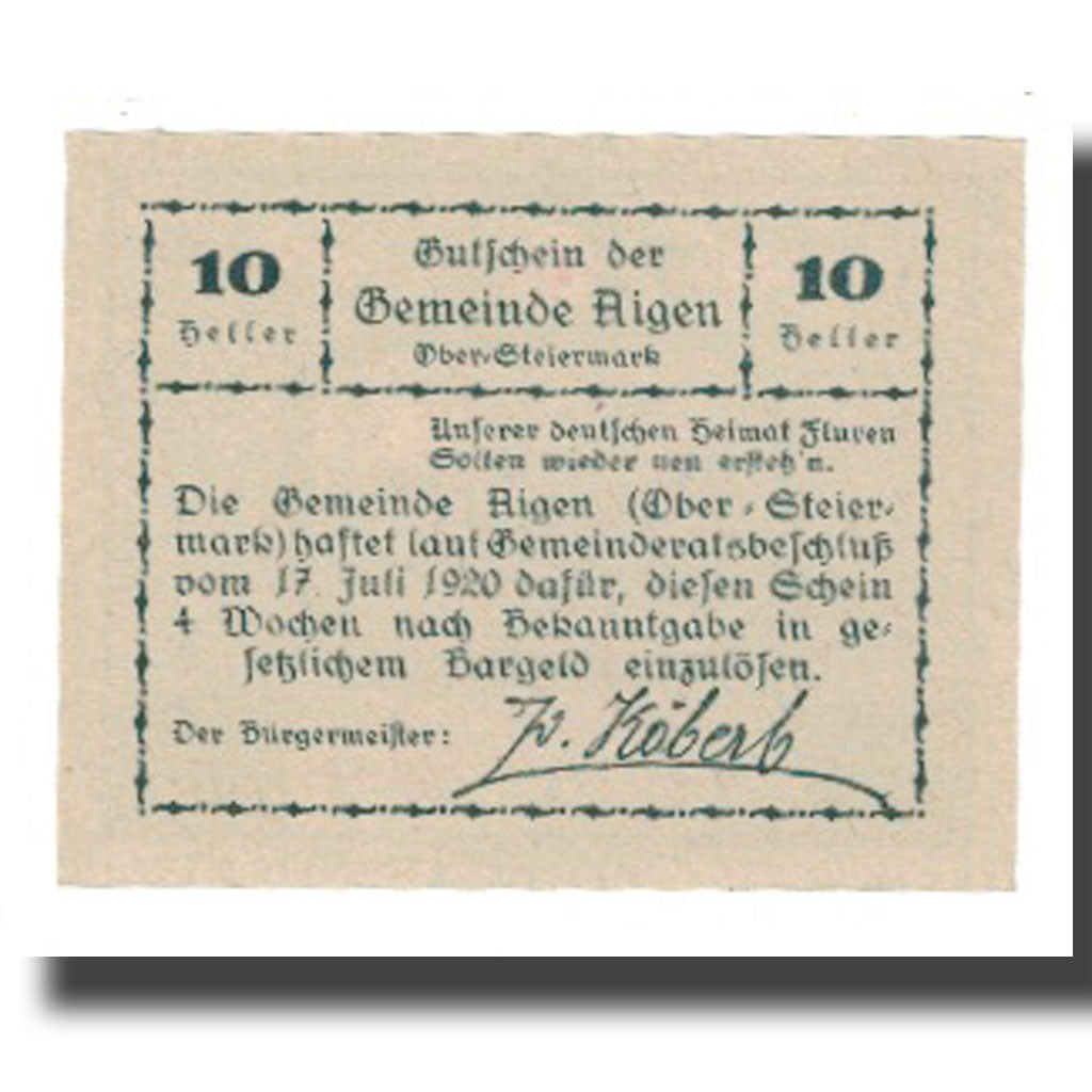 Banknote, Austria, Aigen, 10 Heller, Texte 7, 1920, 1920-07-17, UNC(65-70)