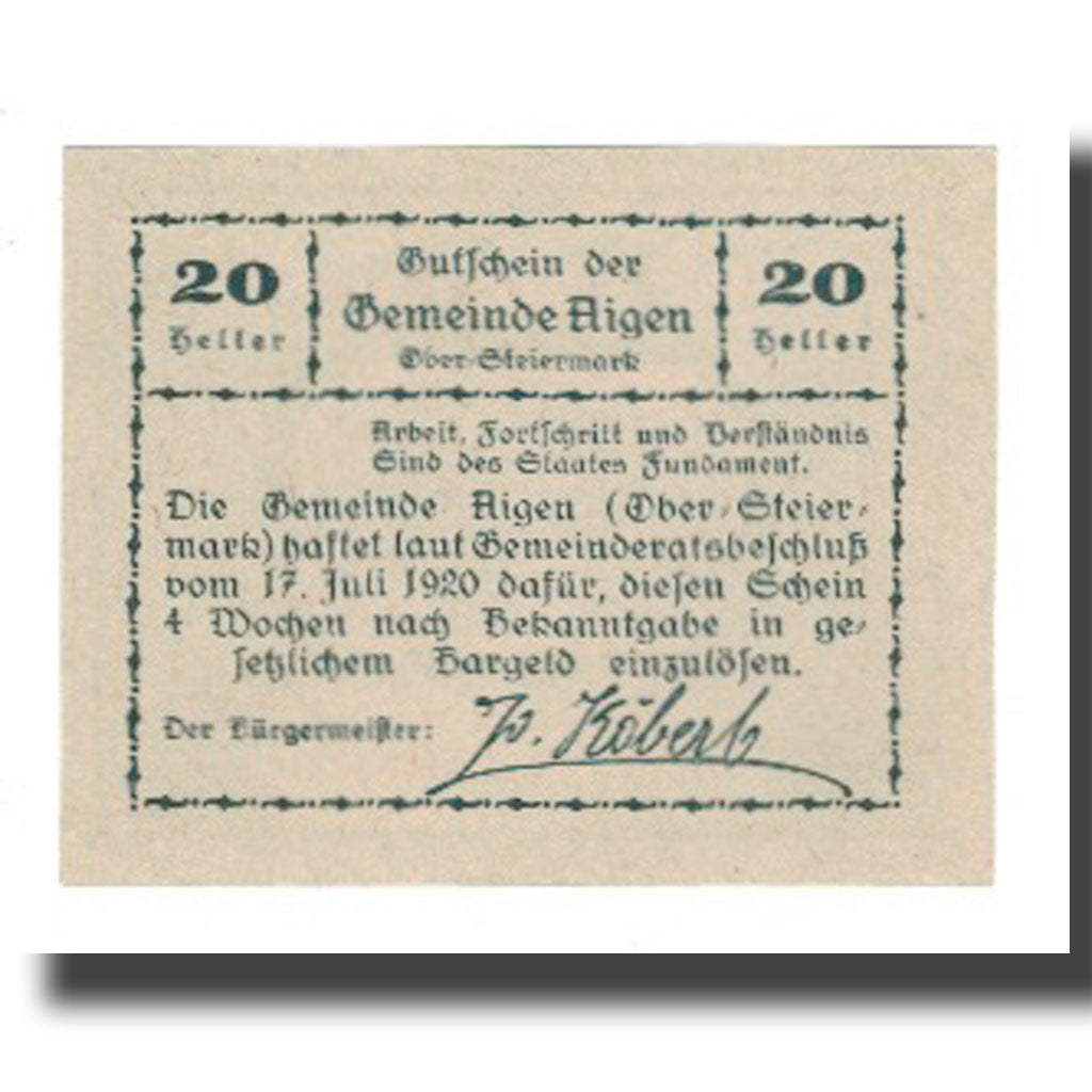 Banknote, Austria, Aigen, 20 Heller, Texte 8, 1920, 1920-07-17, UNC(65-70)