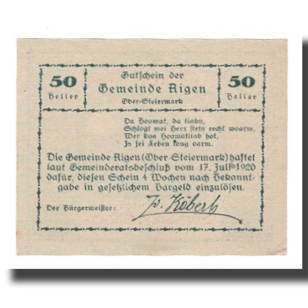 Banknote, Austria, Aigen, 50 Heller, Texte 9, 1920, 1920-07-17, UNC(65-70)