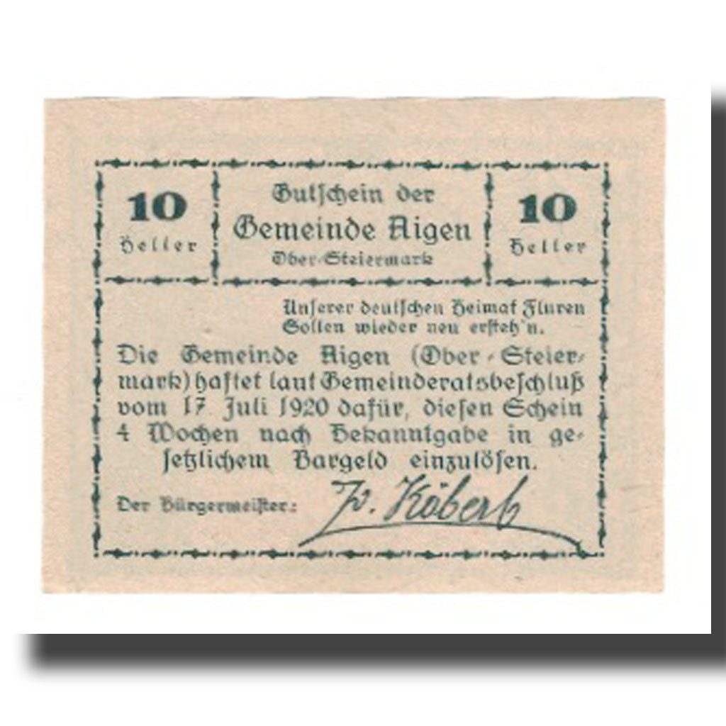 Banknote, Austria, Aigen, 10 Heller, Texte, 1920, 1920-07-17, UNC(65-70)