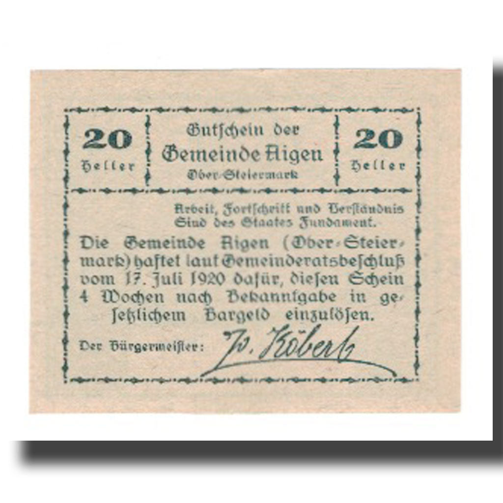 Banknote, Austria, Aigen, 20 Heller, texte 1, 1920, 1920-07-17, UNC(65-70)