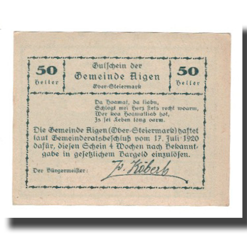 Banknote, Austria, Aigen, 50 Heller, Texte 2, 1920, 1920-07-17, UNC(65-70)
