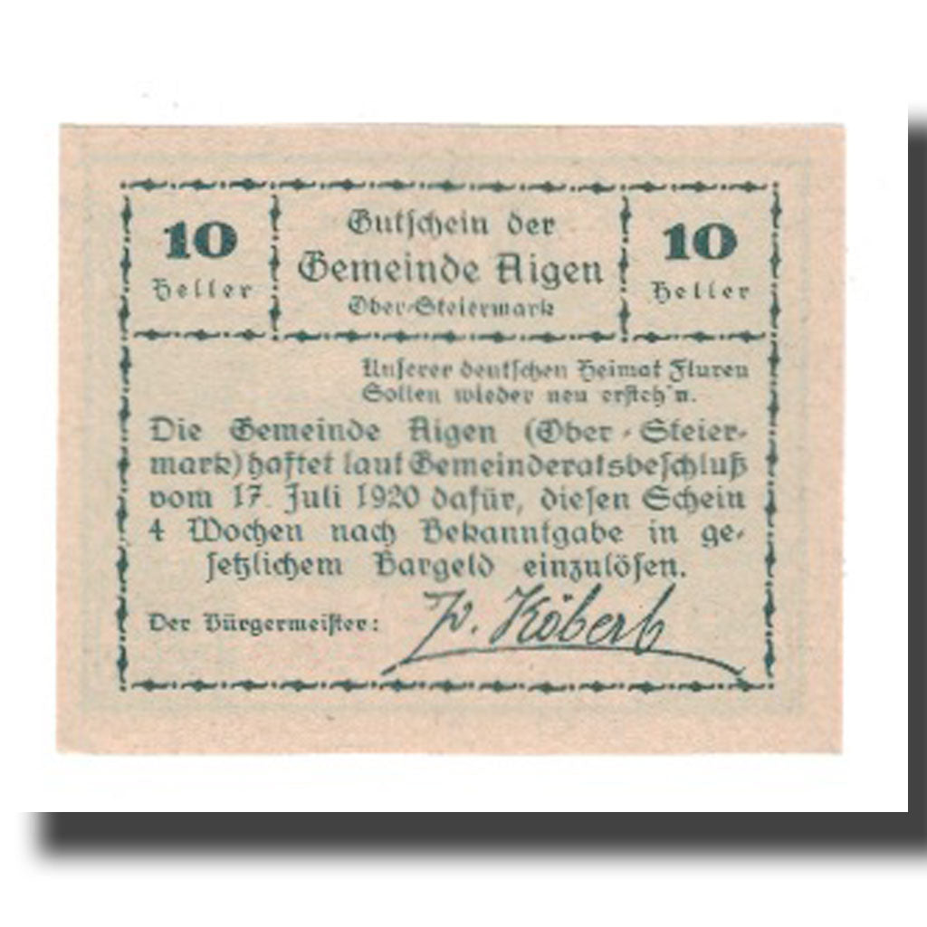 Banknote, Austria, Aigen, 10 Heller, Texte 3, 1920, 1920-07-17, UNC(65-70)