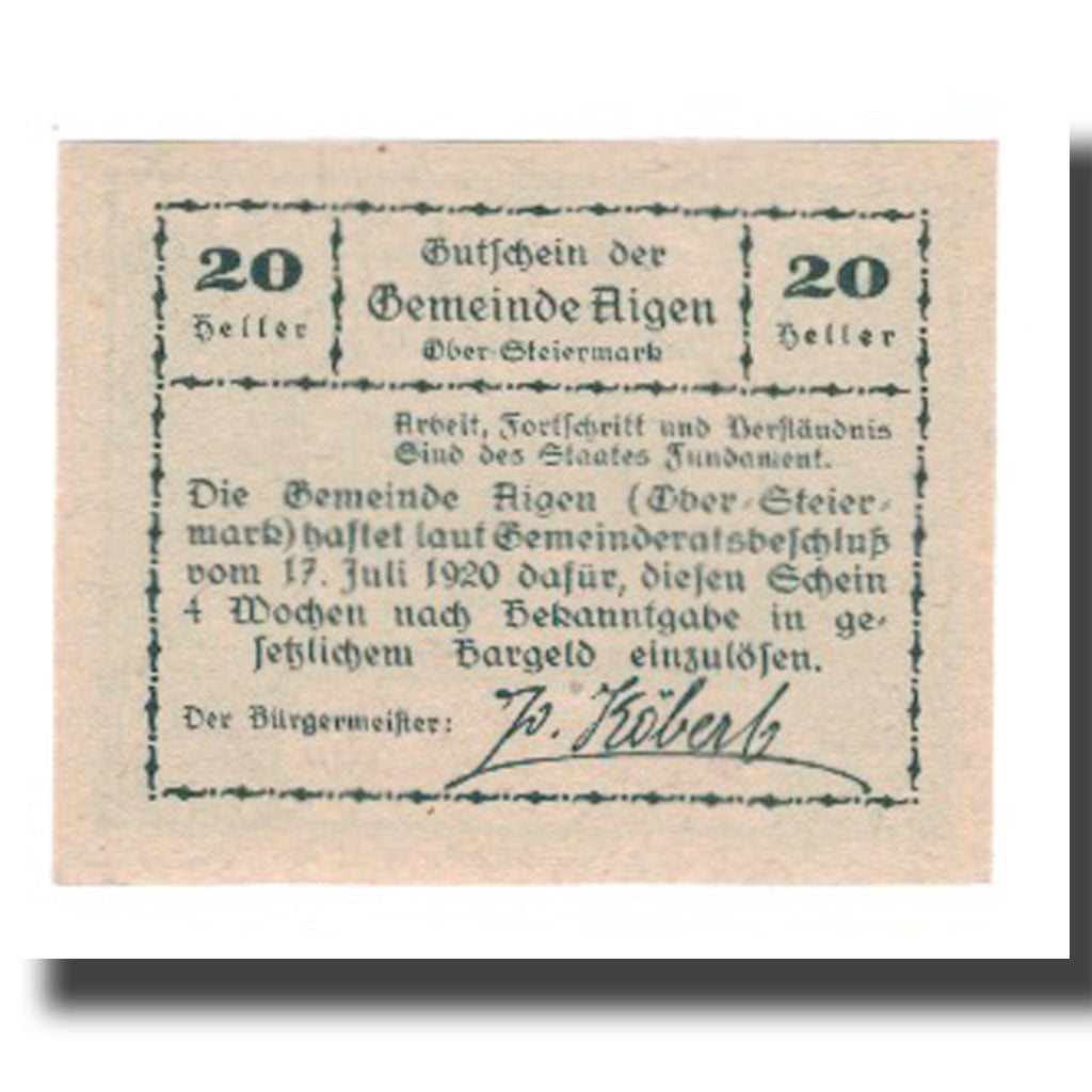 Banknote, Austria, Aigen, 20 Heller, Texte 4, 1920, 1920-07-17, UNC(65-70)