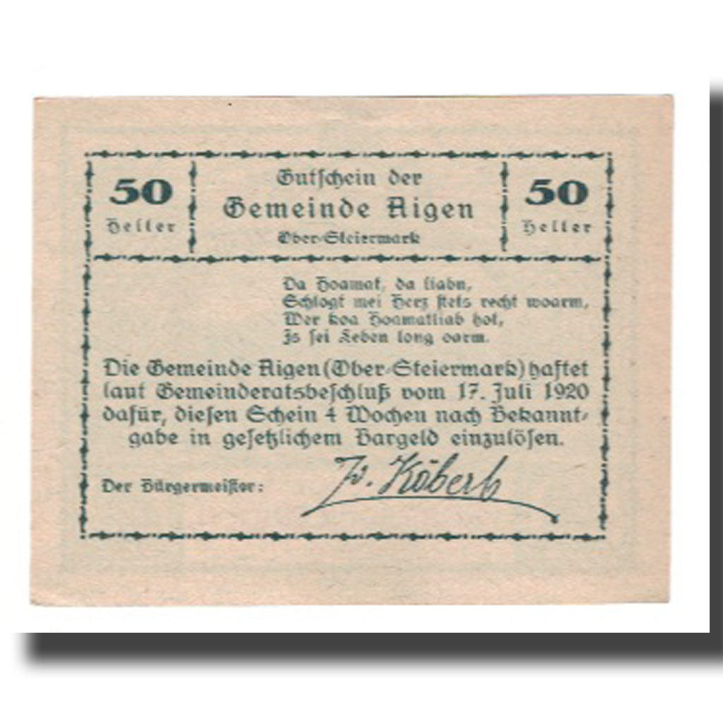 Banknote, Austria, Aigen, 50 Heller, Texte  5, 1920, 1920-07-17, UNC(65-70)