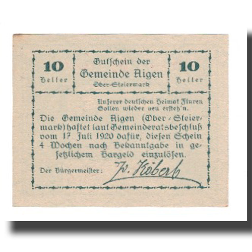 Banknote, Austria, Aigen, 10 Heller, Texte 6, 1920, 1920-07-17, UNC(65-70)
