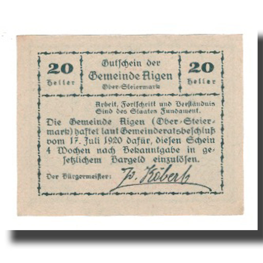 Banknote, Austria, Aigen, 20 Heller, Texte 7, 1920, 1920-07-17, UNC(65-70)