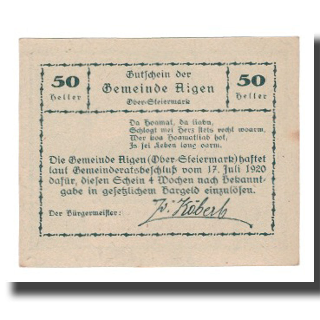 Billete, Austria, Aigen, 50 Heller, Texte 8, 1920, 1920-07-17, UNC, Mehl:FS 14g