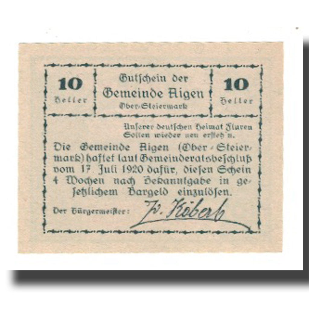 Banknote, Austria, Aigen, 10 Heller, Texte, 1920, 1920-07-17, UNC(65-70)
