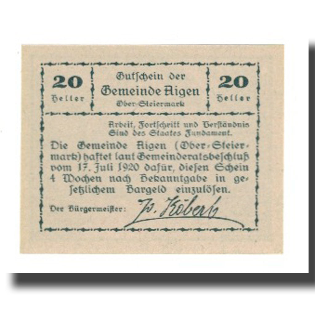 Banknote, Austria, Aigen, 20 Heller, texte 1, 1920, 1920-07-17, UNC(65-70)