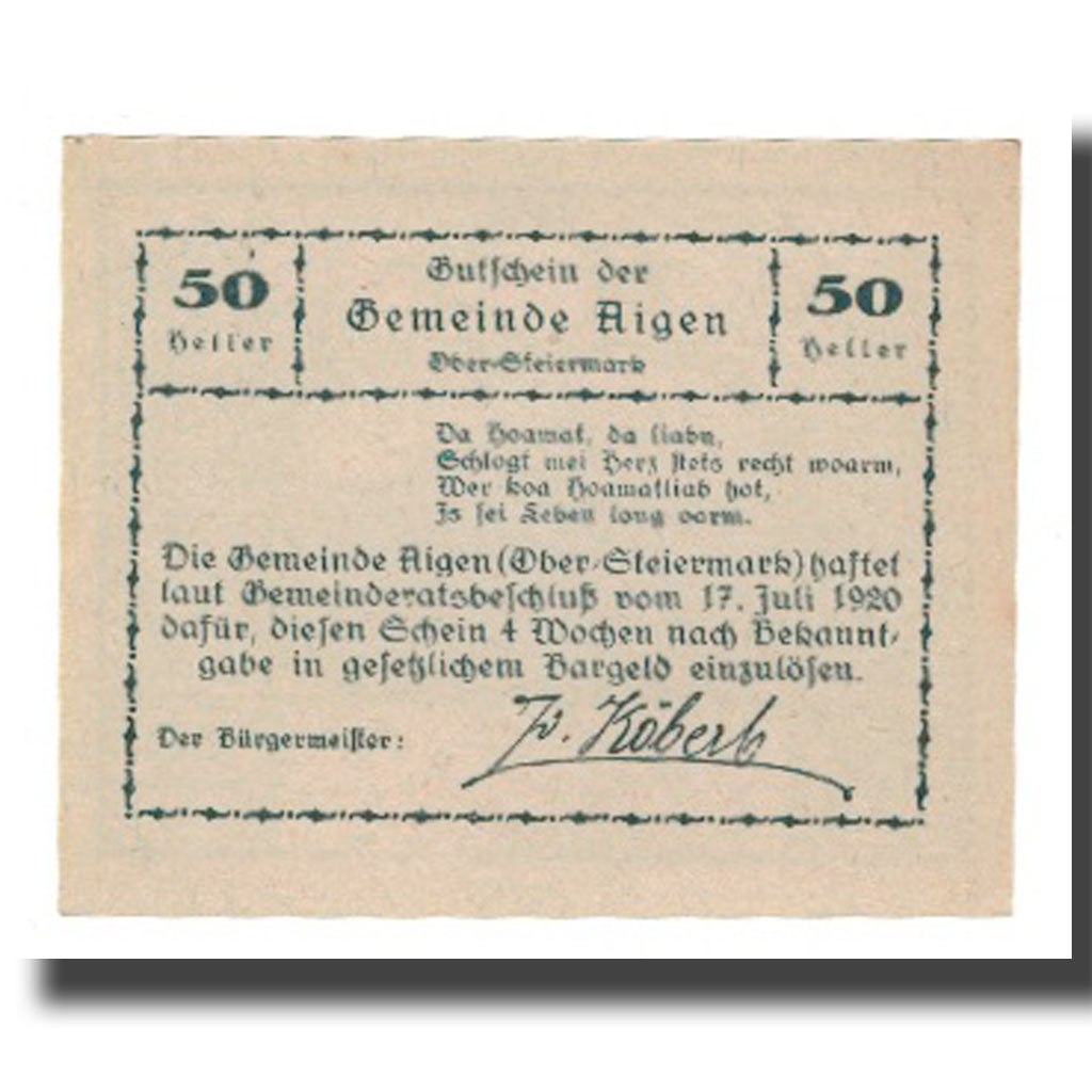 Banknote, Austria, Aigen, 50 Heller, Texte 2, 1920, 1920-07-17, UNC(65-70)