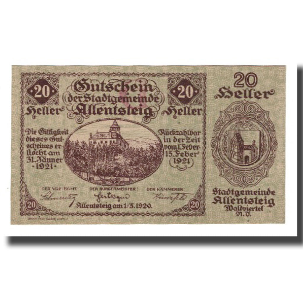Banknote, Austria, Allentsteig, 20 Heller, Blason 3, 1920, 1920-05-01