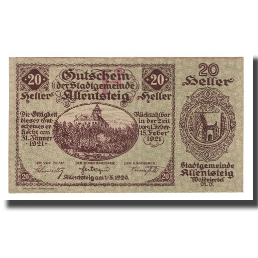 Banknote, Austria, Allentsteig, 20 Heller, Blason 4, 1920, 1920-05-01
