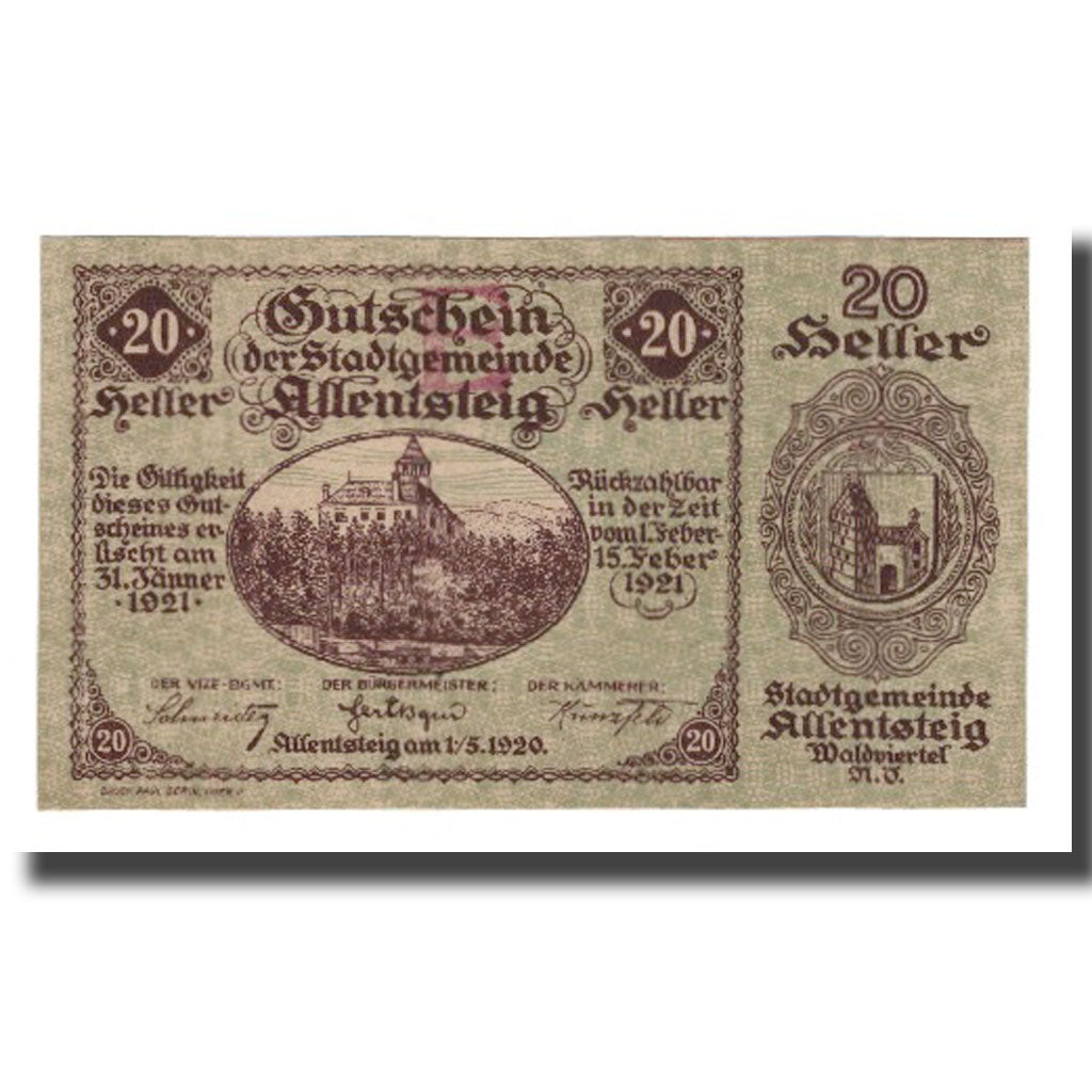 Banknote, Austria, Allentsteig, 20 Heller, Blason 5, 1920, 1920-05-01