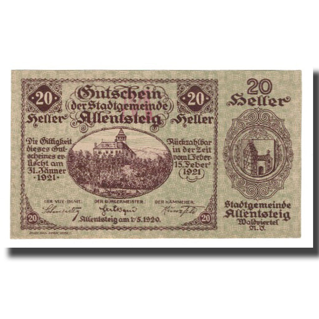 Banknote, Austria, Allentsteig, 20 Heller, Blason 10, 1920, 1920-05-01