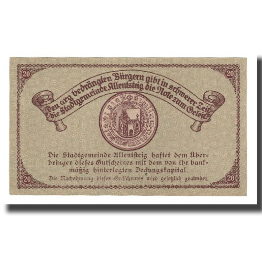 Banknote, Austria, Allentsteig, 20 Heller, Blason 11, 1920, 1920-05-01