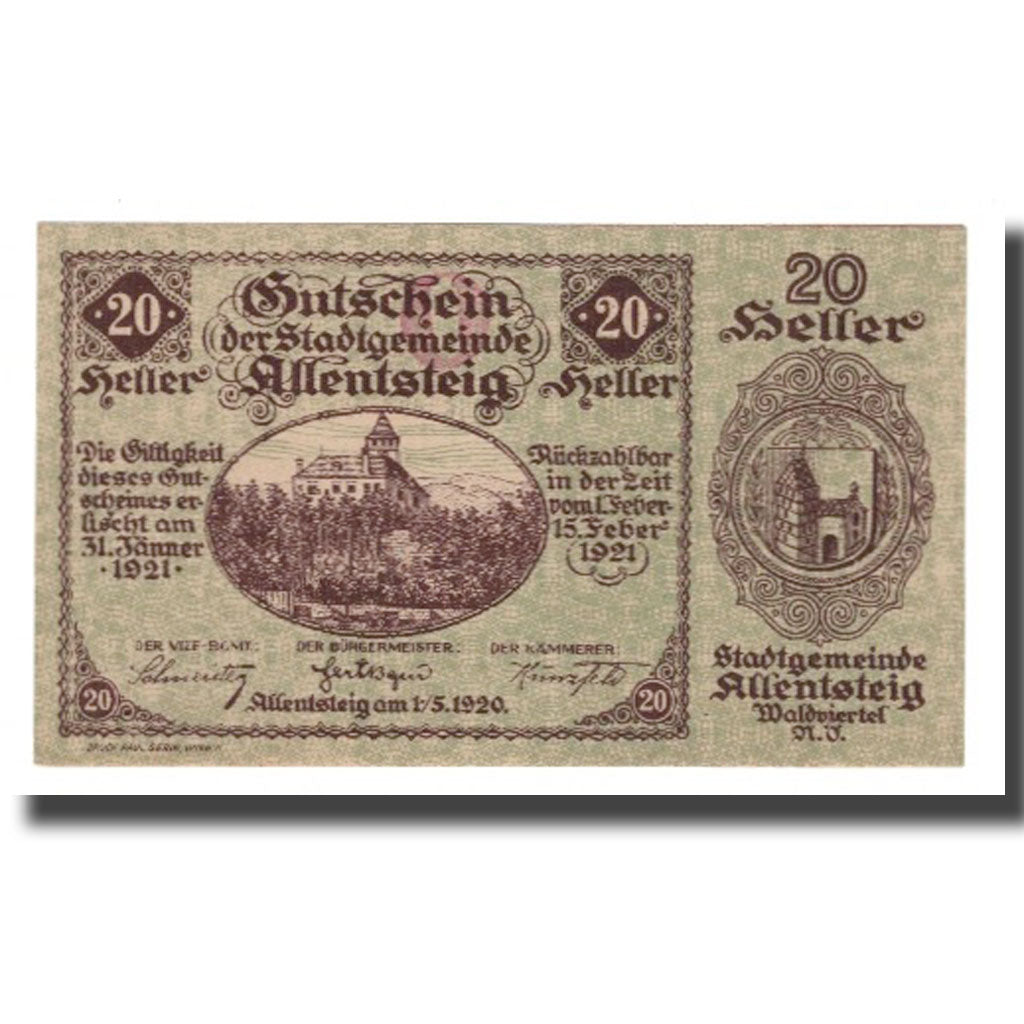 Banknote, Austria, Allentsteig, 20 Heller, Blason 12, 1920, 1920-05-01