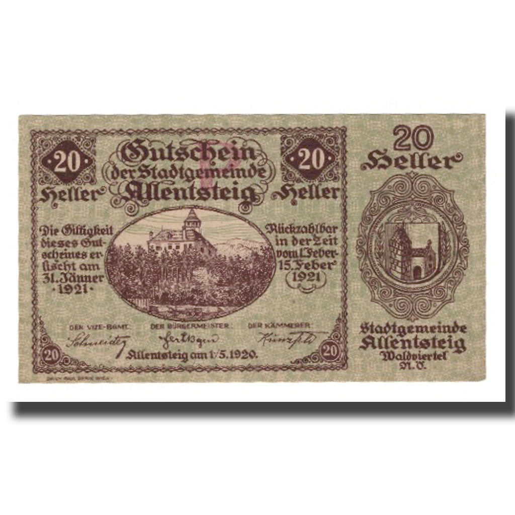 Banknote, Austria, Allentsteig, 20 Heller, Blason 13, 1920, 1920-05-01