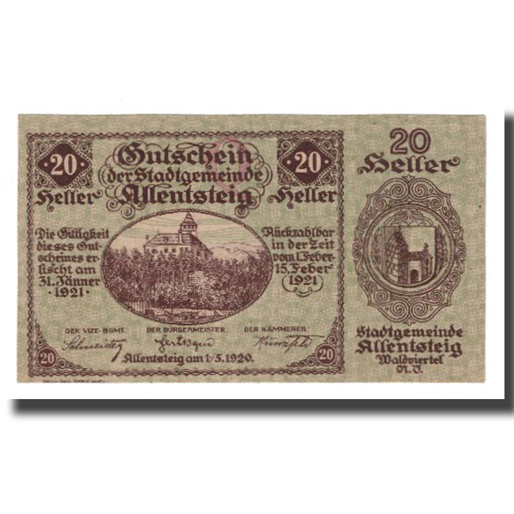 Banconote, Austria, Allentsteig, 20 Heller, Blason, 1920, 1920-05-01, FDS