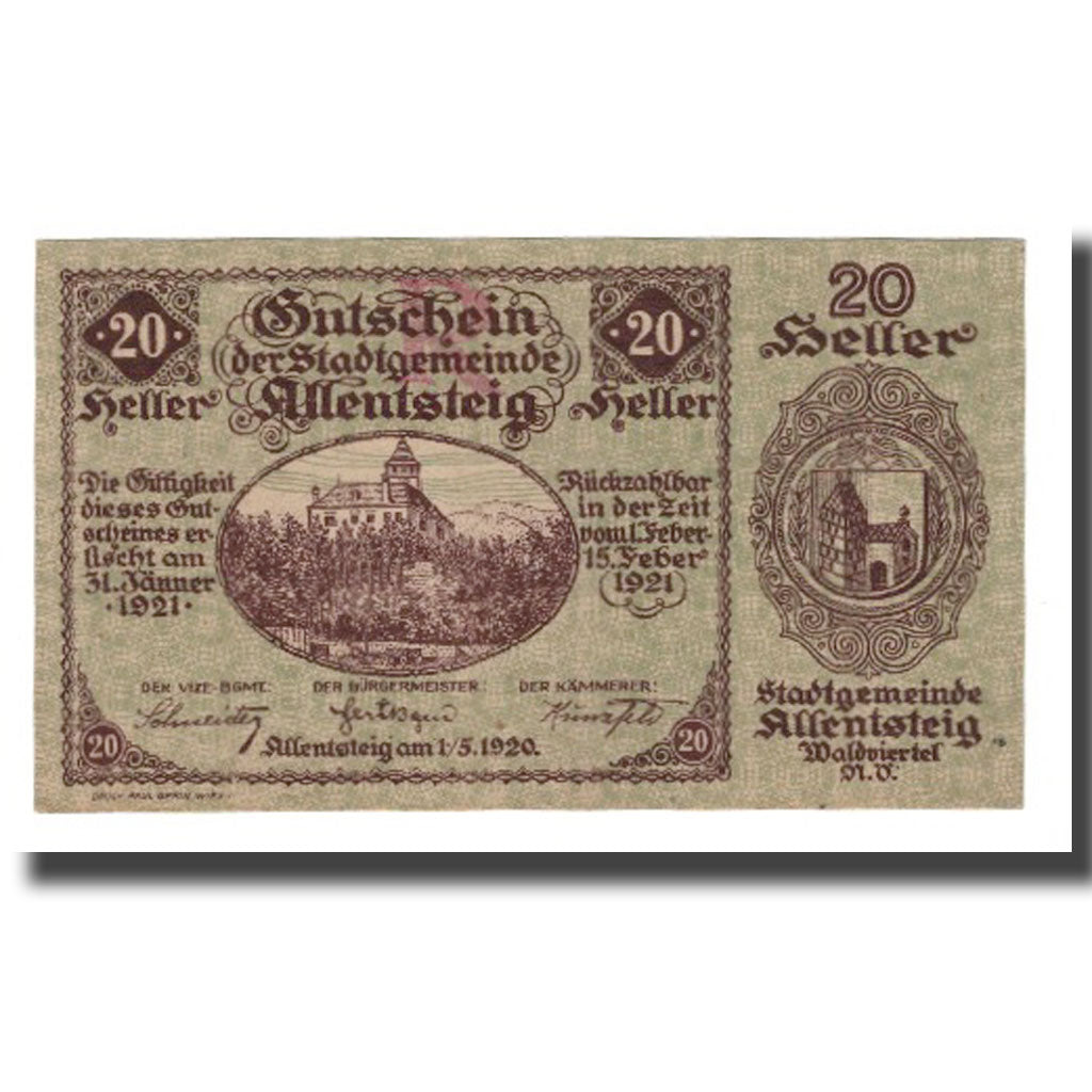 Banknote, Austria, Allentsteig, 20 Heller, Blason 1, 1920, 1920-05-01