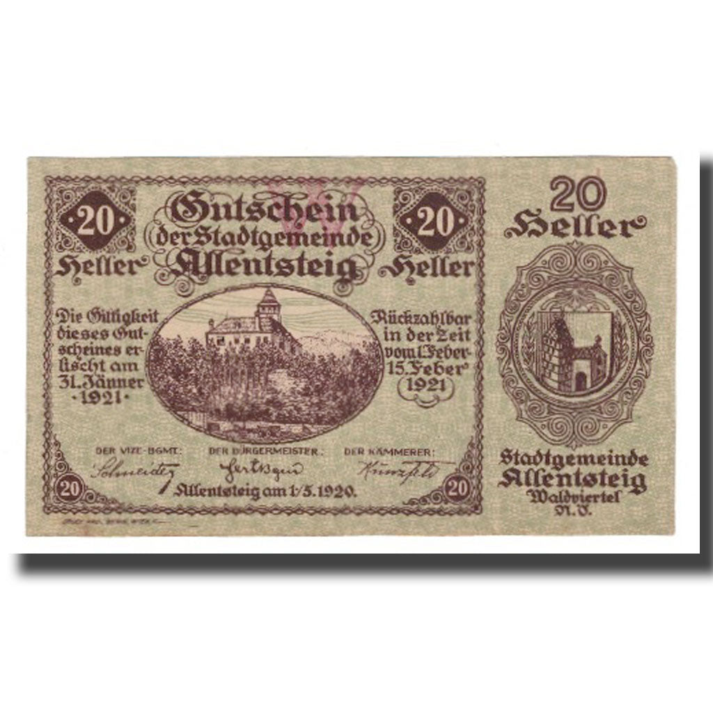 Banknote, Austria, Allentsteig, 20 Heller, Blason 6, 1920, 1920-05-01