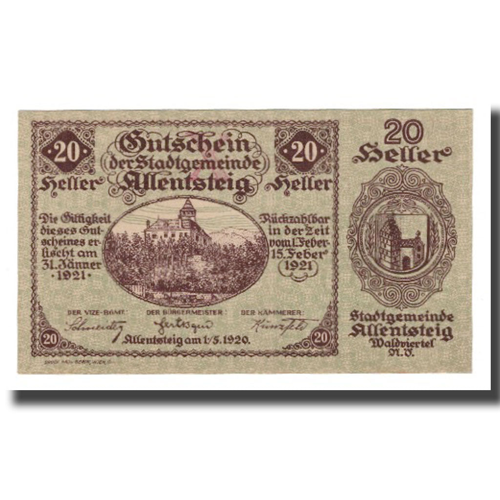 Banknote, Austria, Allentsteig, 20 Heller, Blason 7, 1920, 1920-05-01