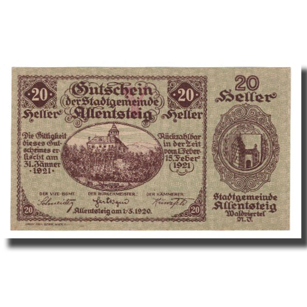 Banknote, Austria, Allentsteig, 20 Heller, Blason 8, 1920, 1920-05-01