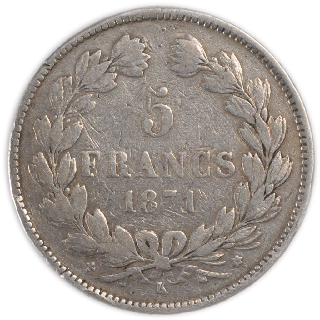 FRANCE, Cérès, 5 Francs, 1871, Bordeaux, KM #818.2, VF(30-35), Silver, Gadoury #