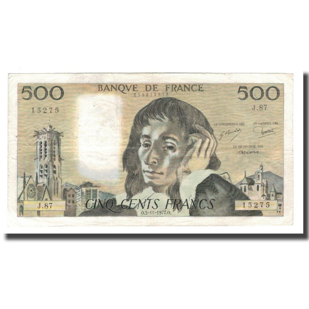 France, 500 Francs, Pascal, 1977, 1977-11-03, EF(40-45), Fayette:71.17, KM:156d