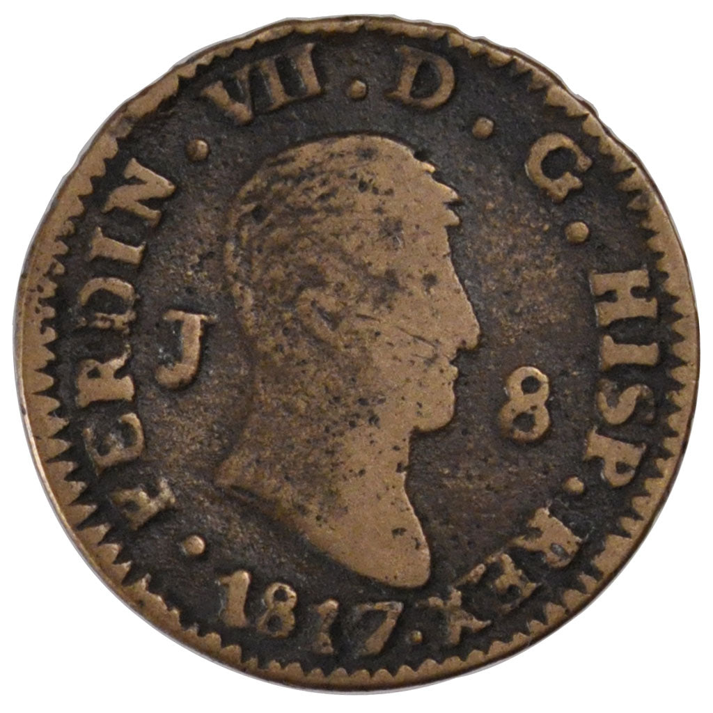 SPAIN, 8 Maravedis, 1817, Jubia, KM #461, VF(30-35), Copper, 8.32