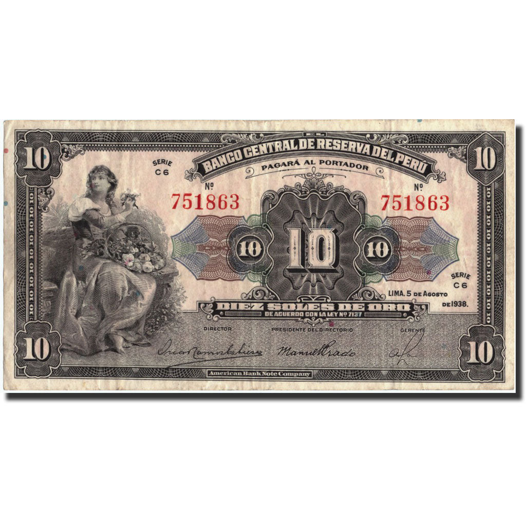 Peru, 10 Soles, 1938, 1938-08-05, KM:67a, EF(40-45)
