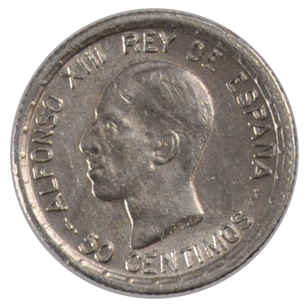 SPAIN, 50 Centimos, 1926, KM #741, AU(55-58), Silver, 2.46
