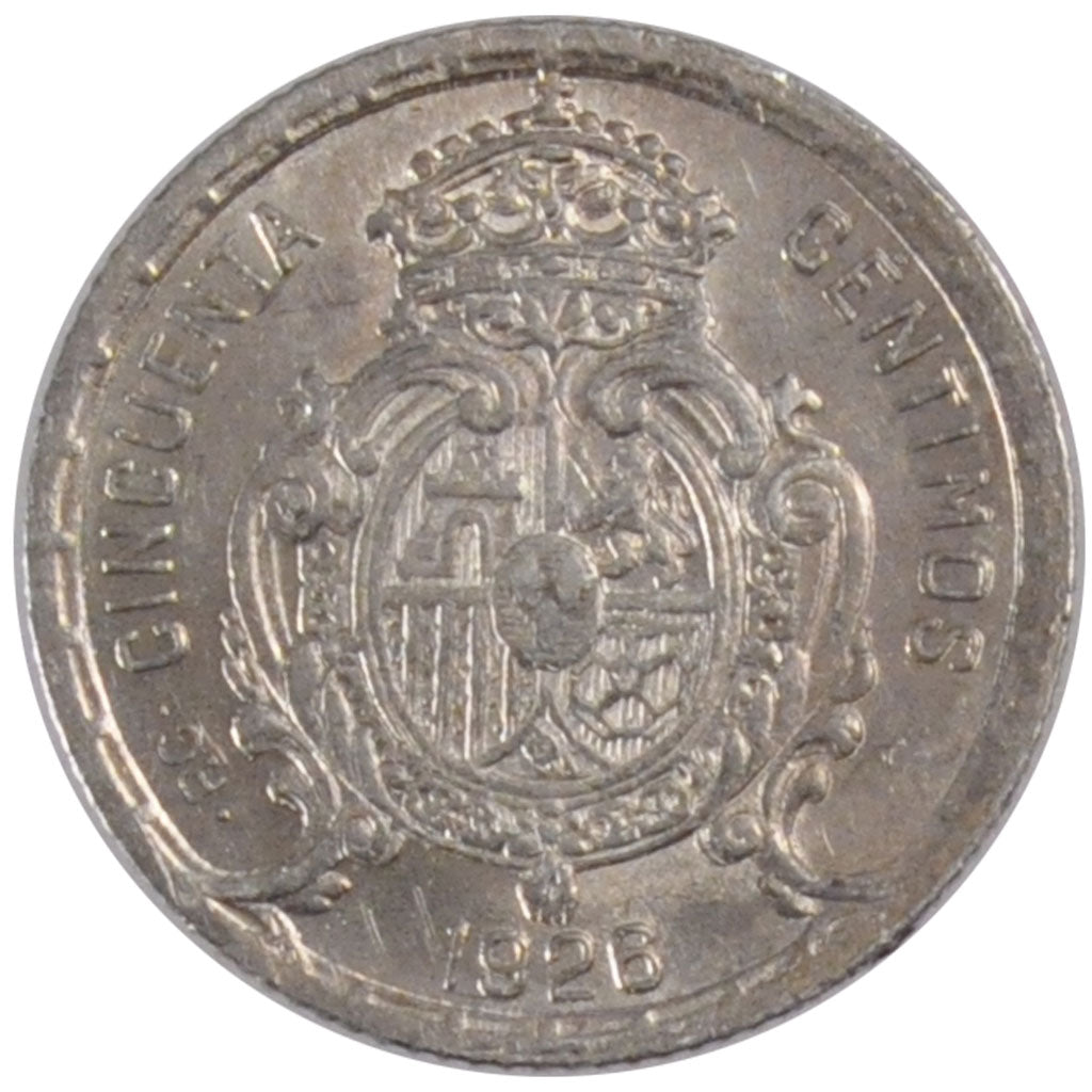 SPAIN, 50 Centimos, 1926, KM #741, AU(55-58), Silver, 2.46