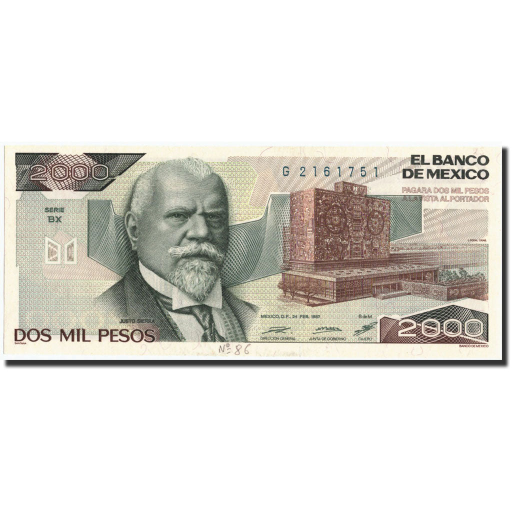 Billete, 2000 Pesos, 1987, México, KM:86b, 1987-02-24, UNC