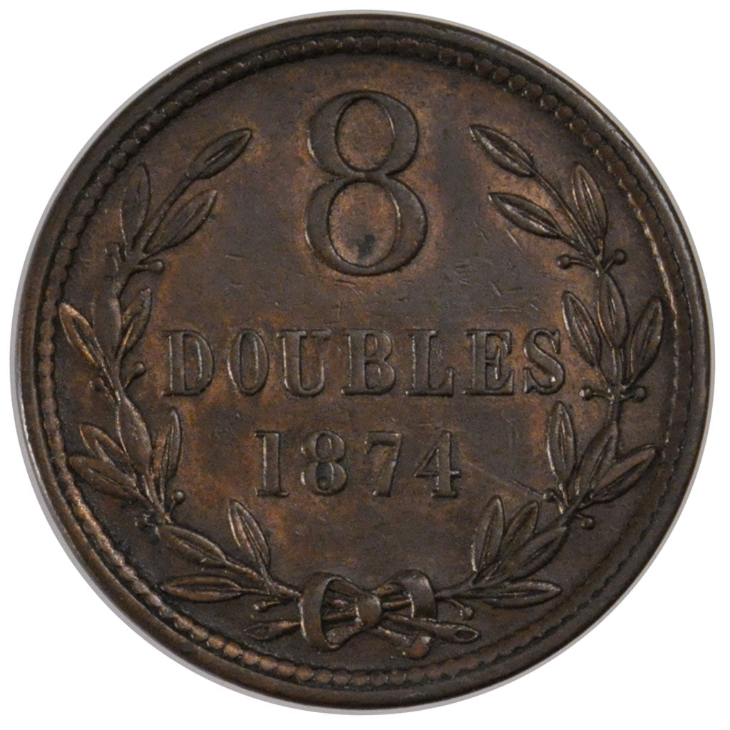 GUERNSEY, 8 Doubles, 1874, Heaton, KM #7, AU(50-53), Bronze, 31.6, 9.49