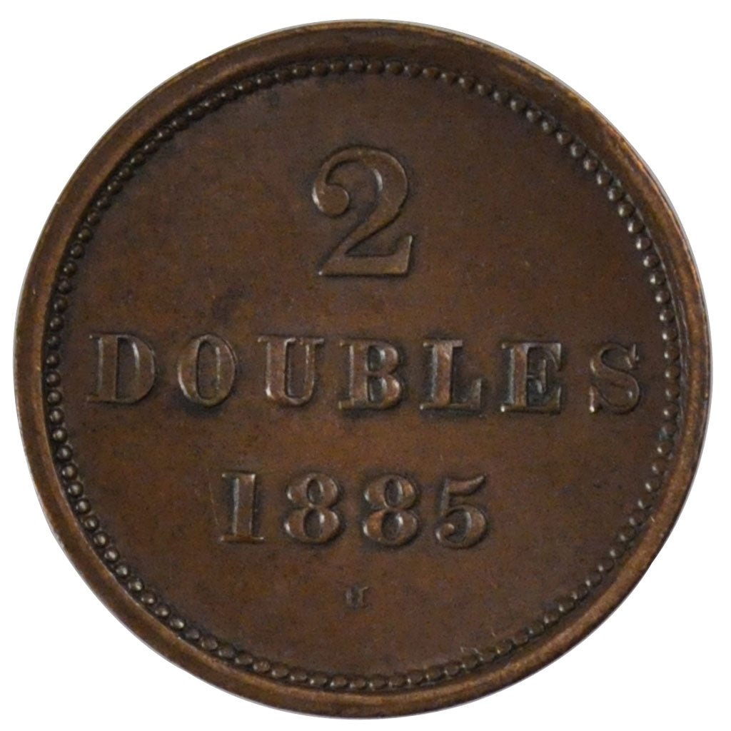 GUERNSEY, 2 Doubles, 1885, Heaton, KM #9, AU(55-58), Bronze, 22, 3.59