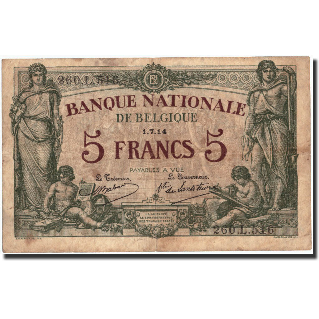 Banconote, Belgio, 5 Francs, 1914, KM:75a, 1914-07-01, MB+
