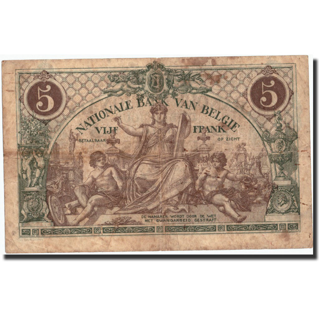 Banconote, Belgio, 5 Francs, 1914, KM:75a, 1914-07-01, MB+