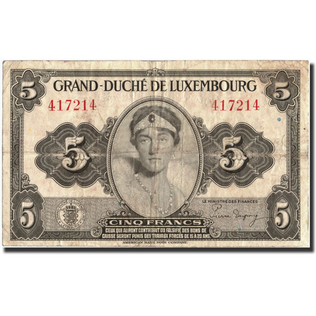 Banconote, Lussemburgo, 5 Francs, Undated (1944), KM:43b, Undated (1944), MB+