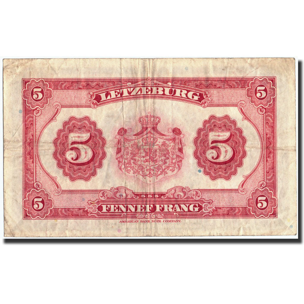 Banconote, Lussemburgo, 5 Francs, Undated (1944), KM:43b, Undated (1944), MB+