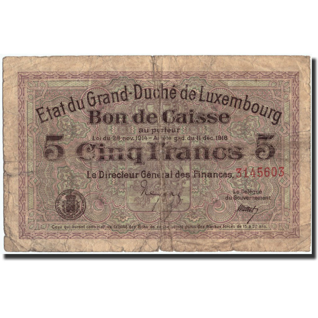 Geldschein, Luxemburg, 5 Francs, 1918, 1918-12-11, KM:29a, SGE+