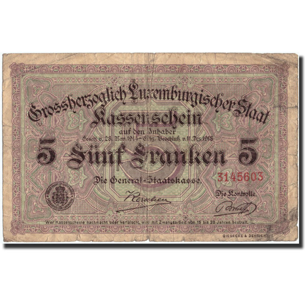 Geldschein, Luxemburg, 5 Francs, 1918, 1918-12-11, KM:29a, SGE+