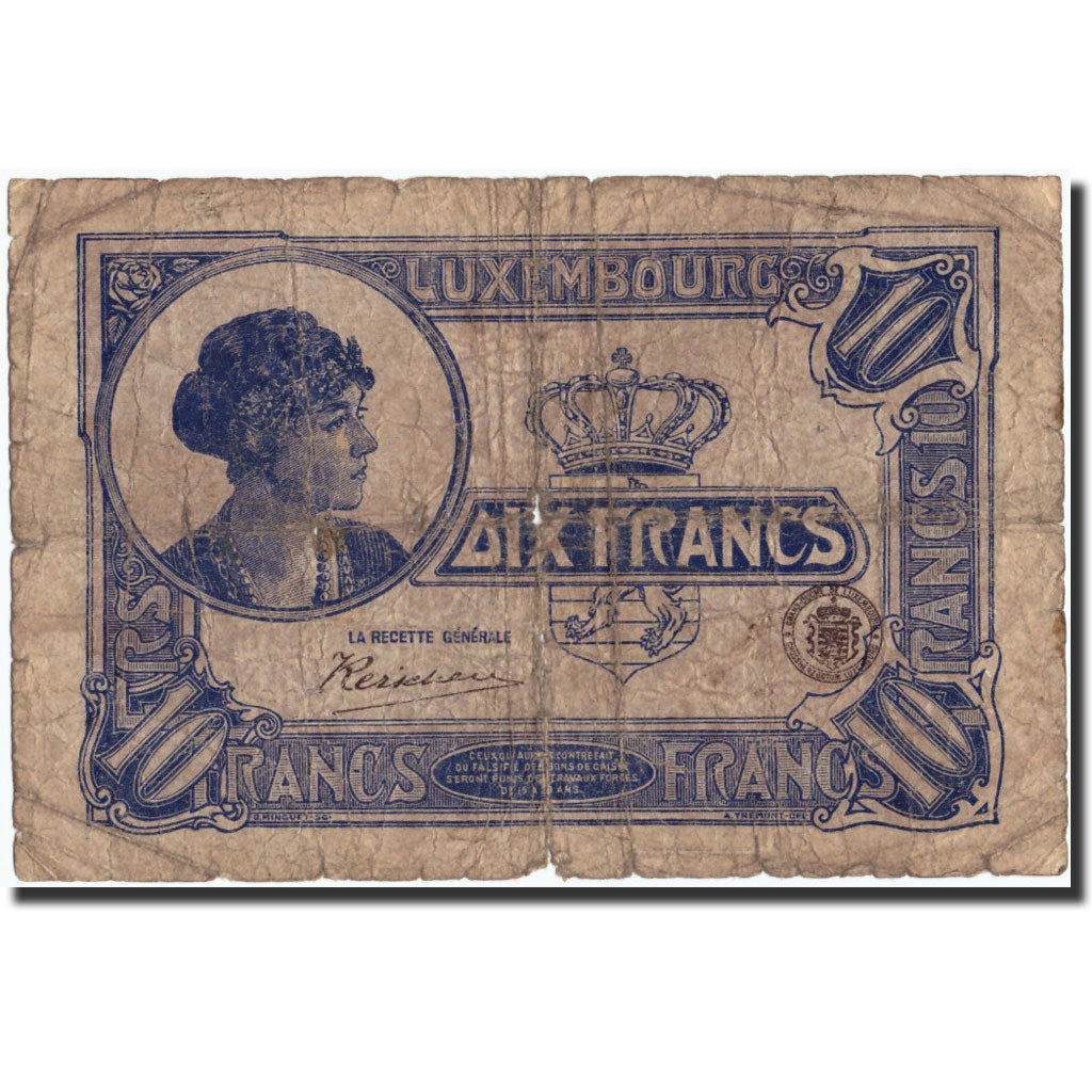 Lussemburgo, 10 Francs, undated (1923), undated (1923), KM:34, B