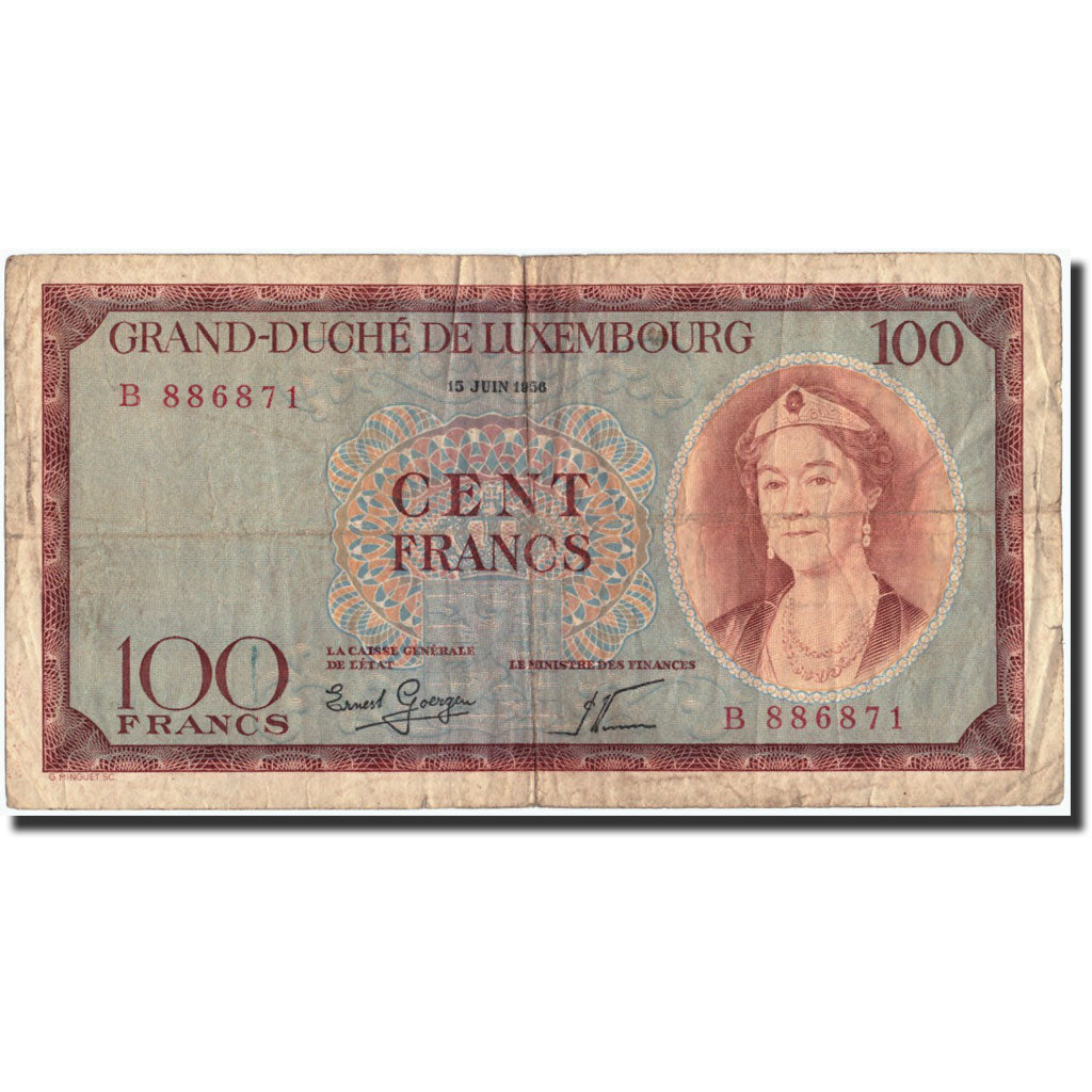 Lussemburgo, 100 Francs, 1956, 1956-06-15, KM:50a, MB