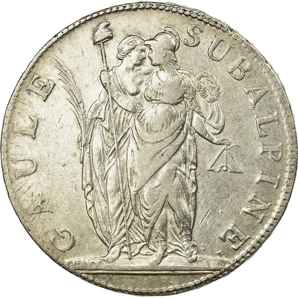 Coin, ITALIAN STATES, PIEDMONT REPUBLIC, 5 Francs, 1801, EF(40-45), Silver, KM:4