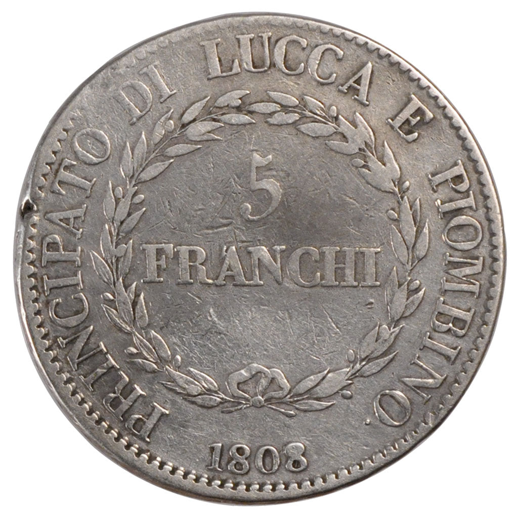 Italy, 5 Franchi, 1808, KM #24, VF(20-25), Silver, 24.53