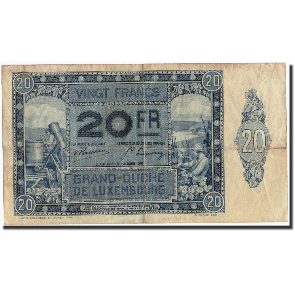 Luxemburg, 20 Francs, 1929, 1929-10-01, KM:37a, S