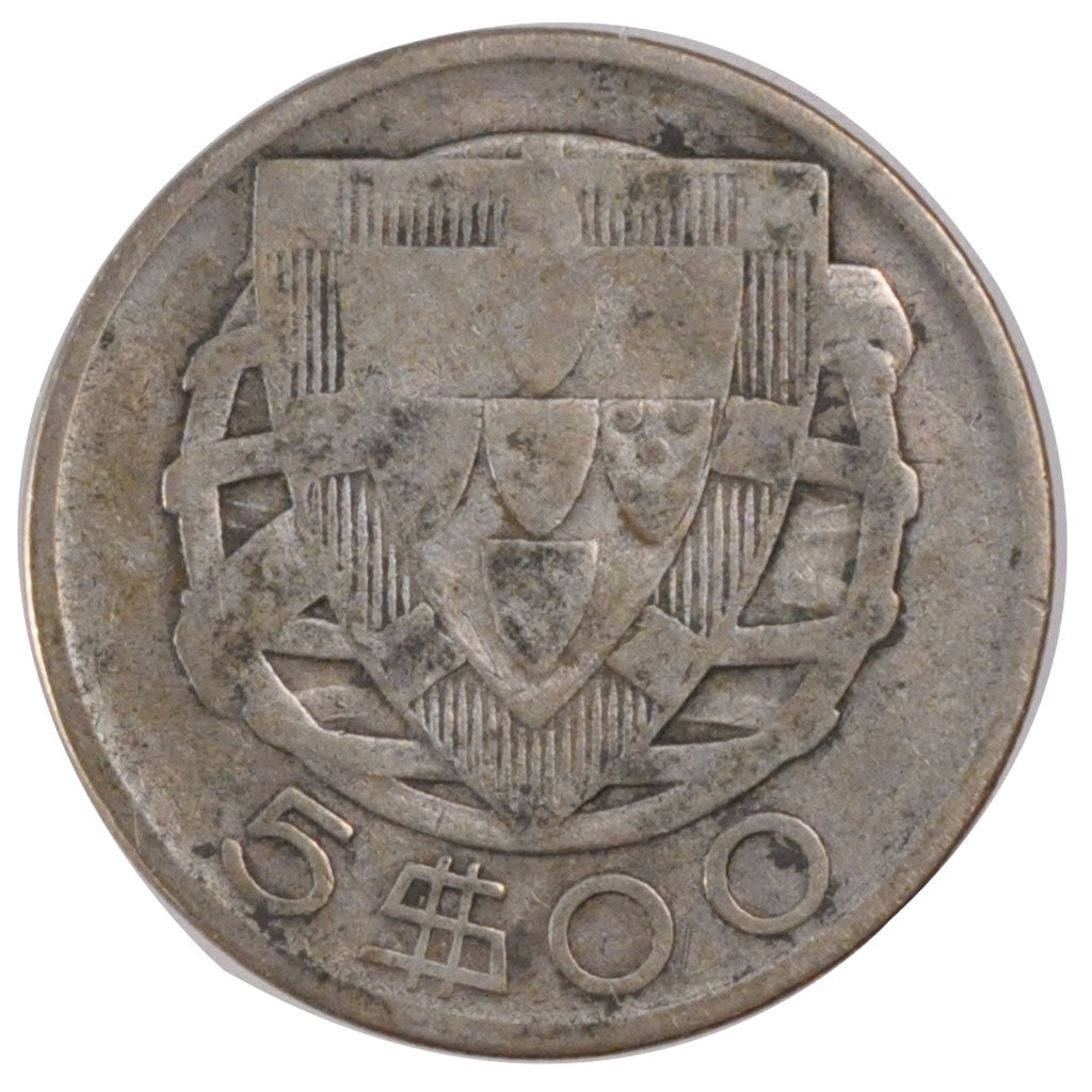 PORTUGAL, 5 Escudos, 1937, KM #581, VF(20-25), Silver, 28.4, 6.48