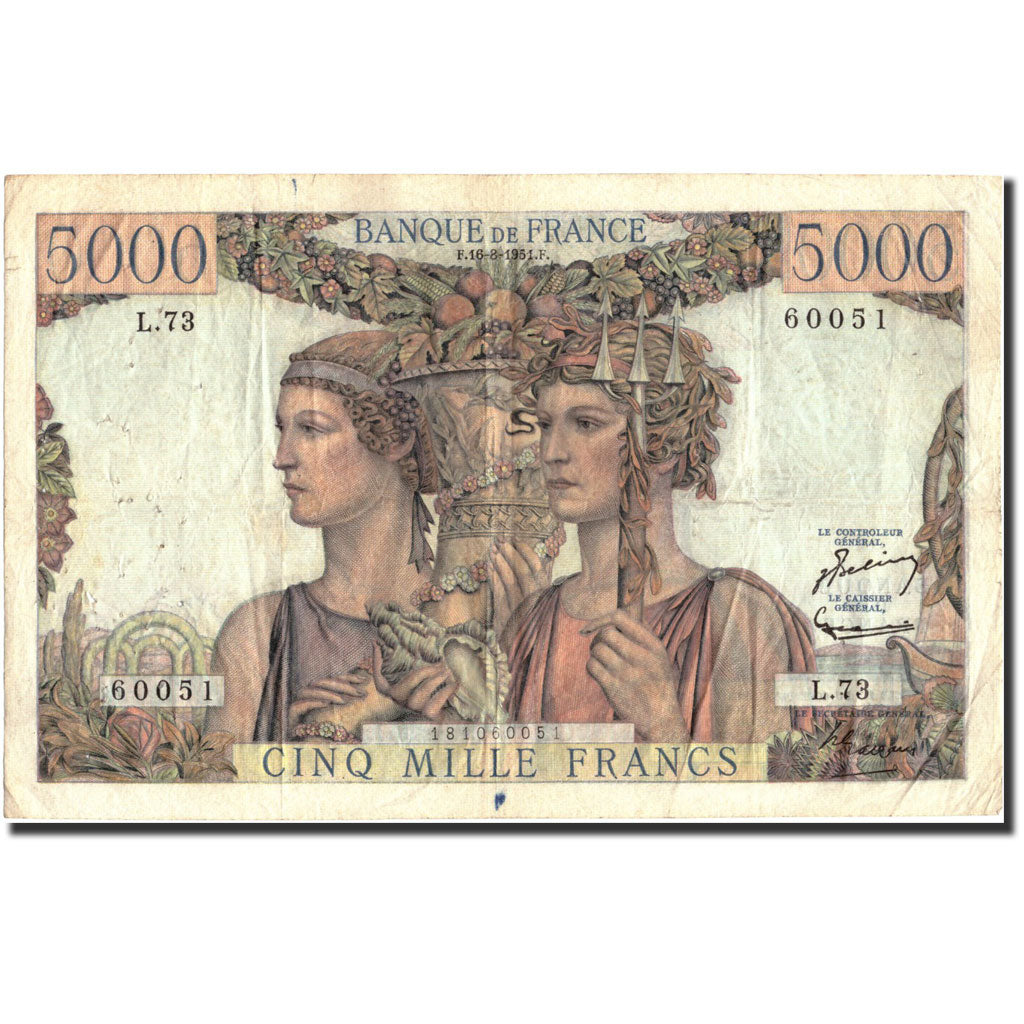 Frankreich, 5000 Francs, 1951, KM:131c, 1951-08-16, S+